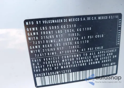 2018 Volkswagen Tiguan 2.0T Se/2.0T Sel from USA, damaged, VIN 3VV2B7AX3JM112752